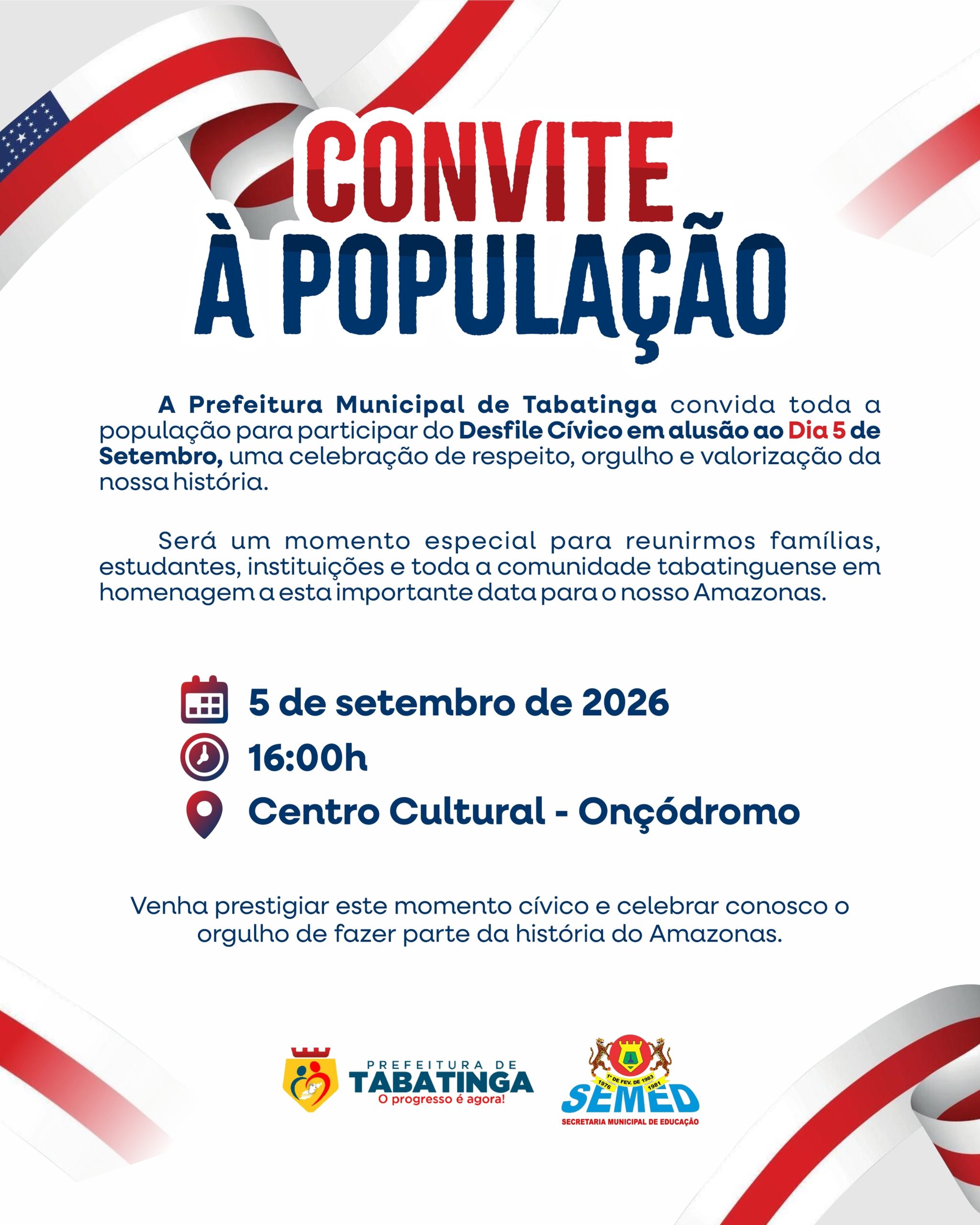 Convite para evento cívico em Tabatinga no dia 5 de setembro de 2026.